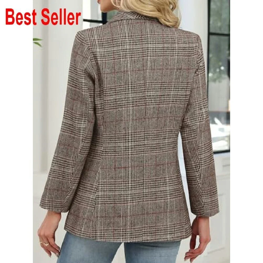 Shawl Collar Plaid Boyfriend Blazer Business Casual Open Front Office Jacket